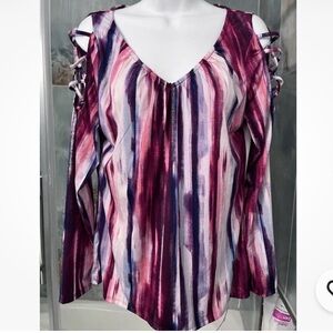 Jennifer Lopez Stunning Striped Open LS Burgundy and White Blouse sz M